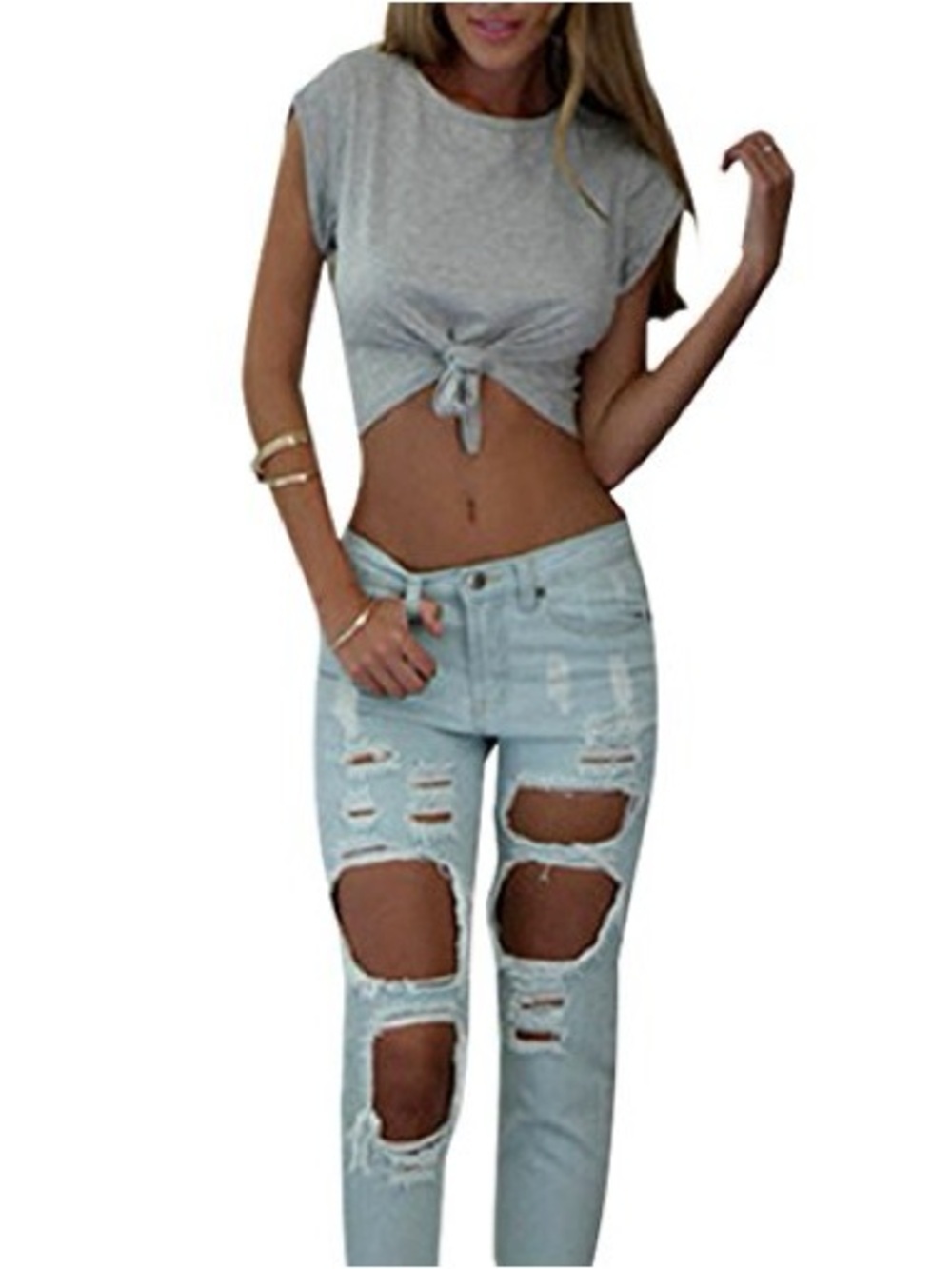 Gray Tie Front Crop Top | Casual Short Sleeve Knotted Tee - Picture 7 of 7